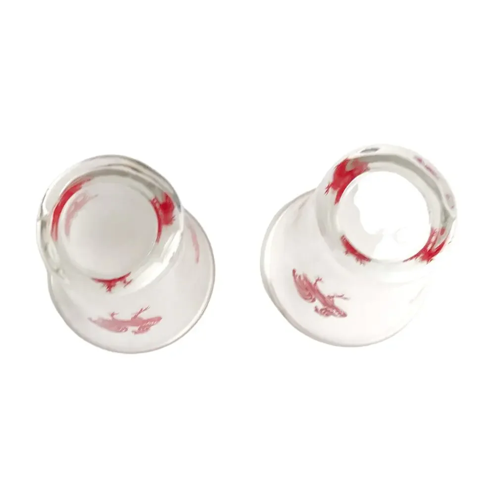 Vintage MCM Rooster Juice Glasses 2 Piece Set Red Clear Glass Drinkware Cups
